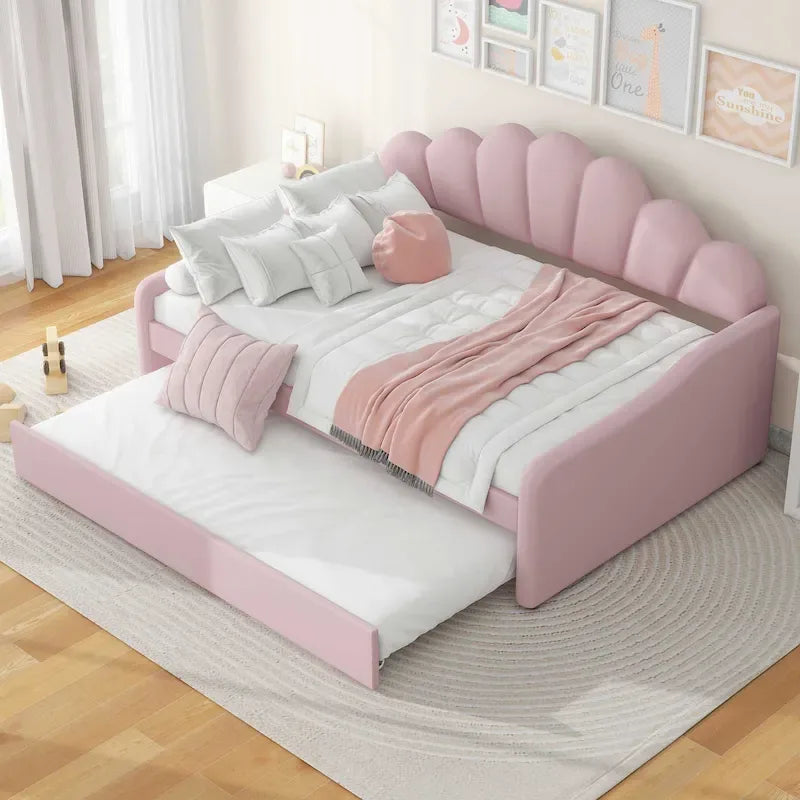 Divano Letto in Velluto Matrimoniale Rosa/Bianco con Schienale a Conchiglia e Letto Estraibile, 2 Posti