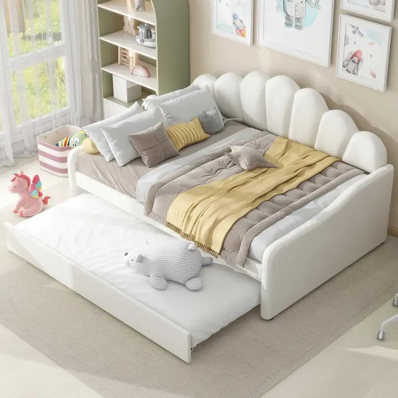 Divano Letto in Velluto Matrimoniale Rosa/Bianco con Schienale a Conchiglia e Letto Estraibile, 2 Posti