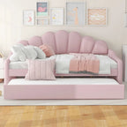 Divano Letto in Velluto Matrimoniale Rosa/Bianco con Schienale a Conchiglia e Letto Estraibile, 2 Posti