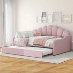 Divano Letto in Velluto Matrimoniale Rosa/Bianco con Schienale a Conchiglia e Letto Estraibile, 2 Posti