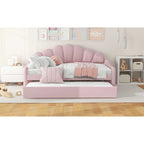 Divano Letto in Velluto Matrimoniale Rosa/Bianco con Schienale a Conchiglia e Letto Estraibile, 2 Posti