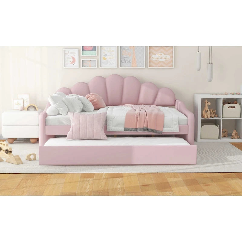 Divano Letto in Velluto Matrimoniale Rosa/Bianco con Schienale a Conchiglia e Letto Estraibile, 2 Posti