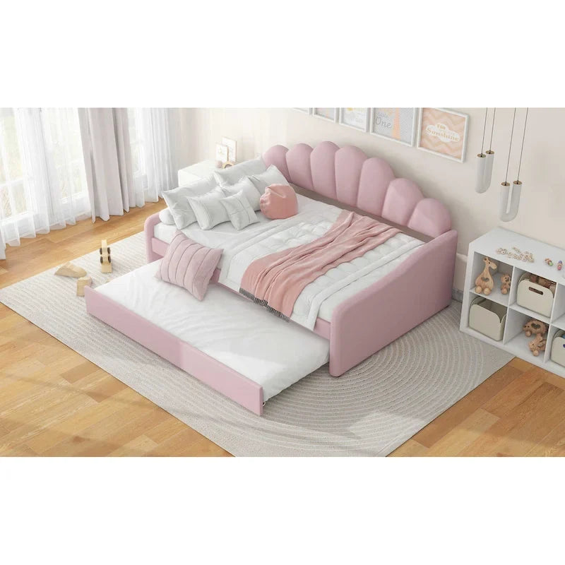 Divano Letto in Velluto Matrimoniale Rosa/Bianco con Schienale a Conchiglia e Letto Estraibile, 2 Posti