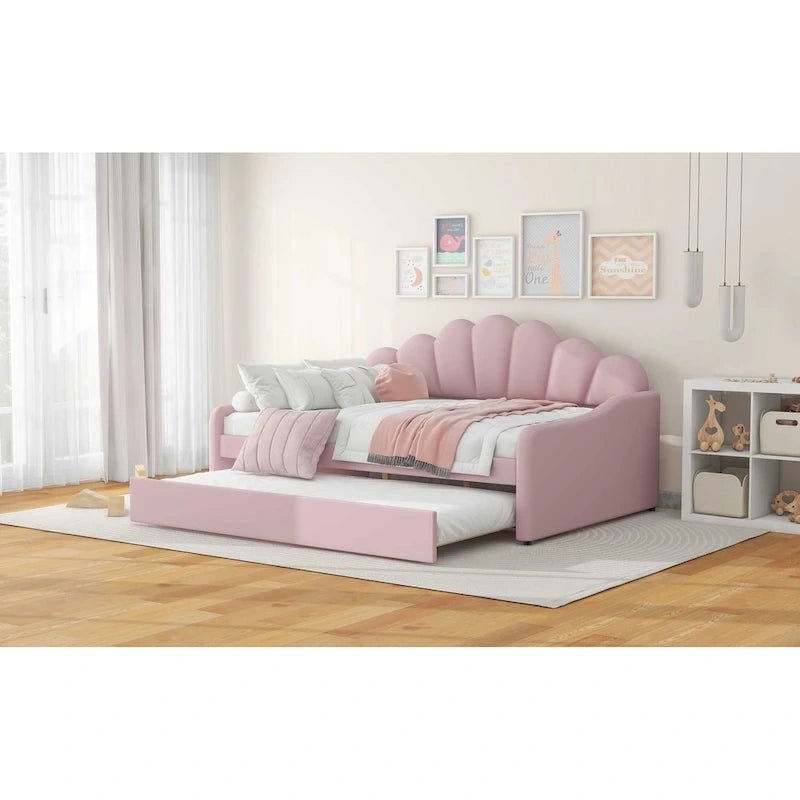 Divano Letto in Velluto Matrimoniale Rosa/Bianco con Schienale a Conchiglia e Letto Estraibile, 2 Posti