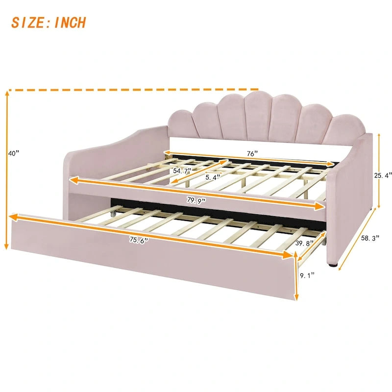 Divano Letto in Velluto Matrimoniale Rosa/Bianco con Schienale a Conchiglia e Letto Estraibile, 2 Posti