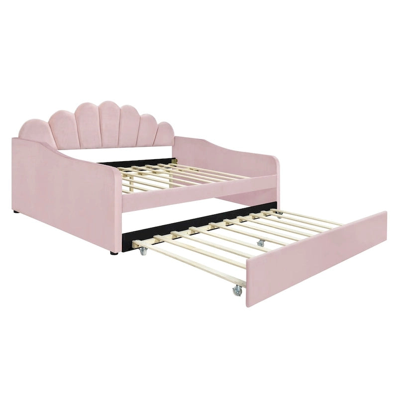 Divano Letto in Velluto Matrimoniale Rosa/Bianco con Schienale a Conchiglia e Letto Estraibile, 2 Posti