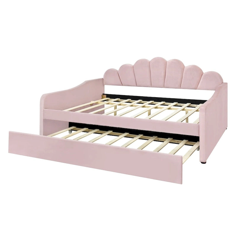 Divano Letto in Velluto Matrimoniale Rosa/Bianco con Schienale a Conchiglia e Letto Estraibile, 2 Posti