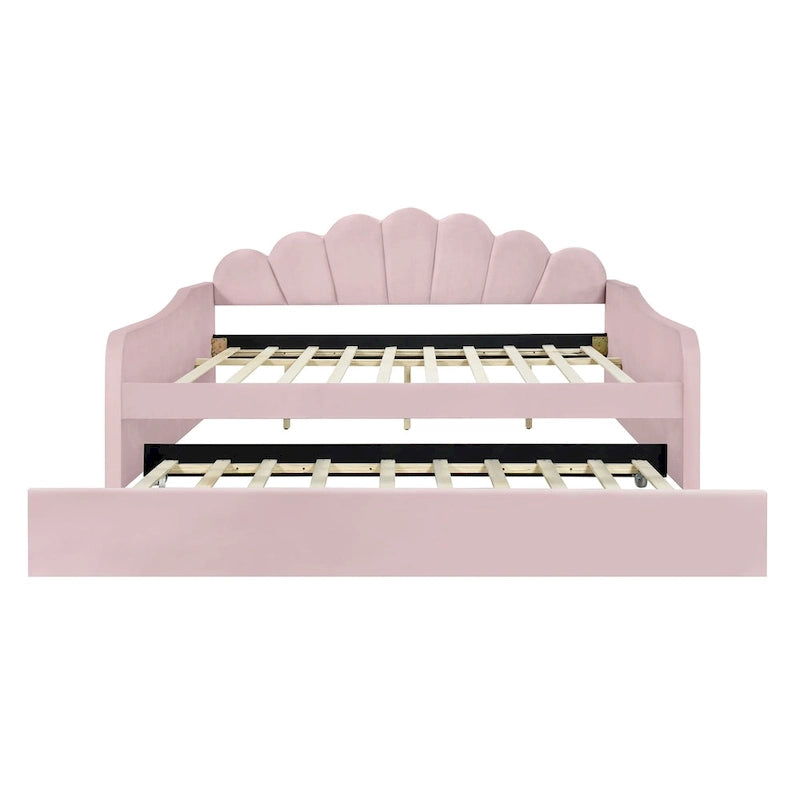 Divano Letto in Velluto Matrimoniale Rosa/Bianco con Schienale a Conchiglia e Letto Estraibile, 2 Posti