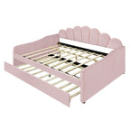 Divano Letto in Velluto Matrimoniale Rosa/Bianco con Schienale a Conchiglia e Letto Estraibile, 2 Posti