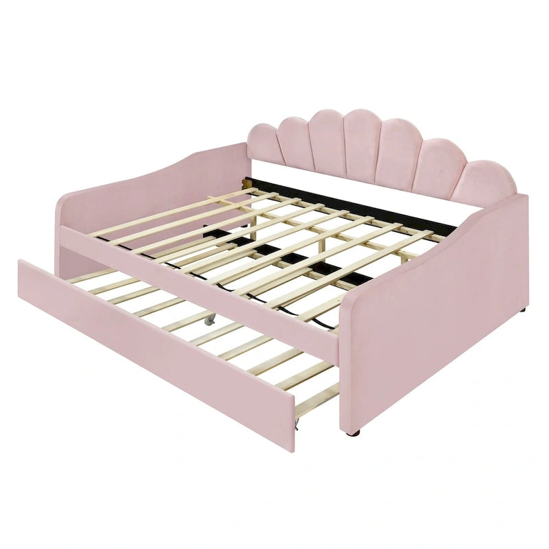 Divano Letto in Velluto Matrimoniale Rosa/Bianco con Schienale a Conchiglia e Letto Estraibile, 2 Posti