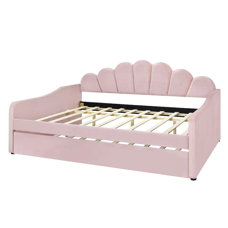 Divano Letto in Velluto Matrimoniale Rosa/Bianco con Schienale a Conchiglia e Letto Estraibile, 2 Posti