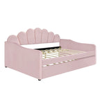 Divano Letto in Velluto Matrimoniale Rosa/Bianco con Schienale a Conchiglia e Letto Estraibile, 2 Posti