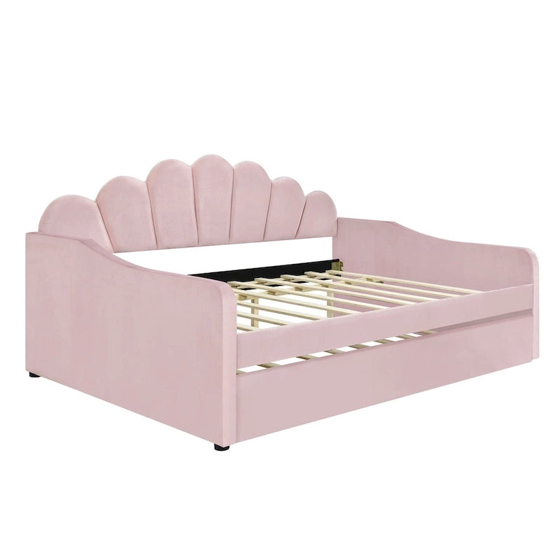 Divano Letto in Velluto Matrimoniale Rosa/Bianco con Schienale a Conchiglia e Letto Estraibile, 2 Posti