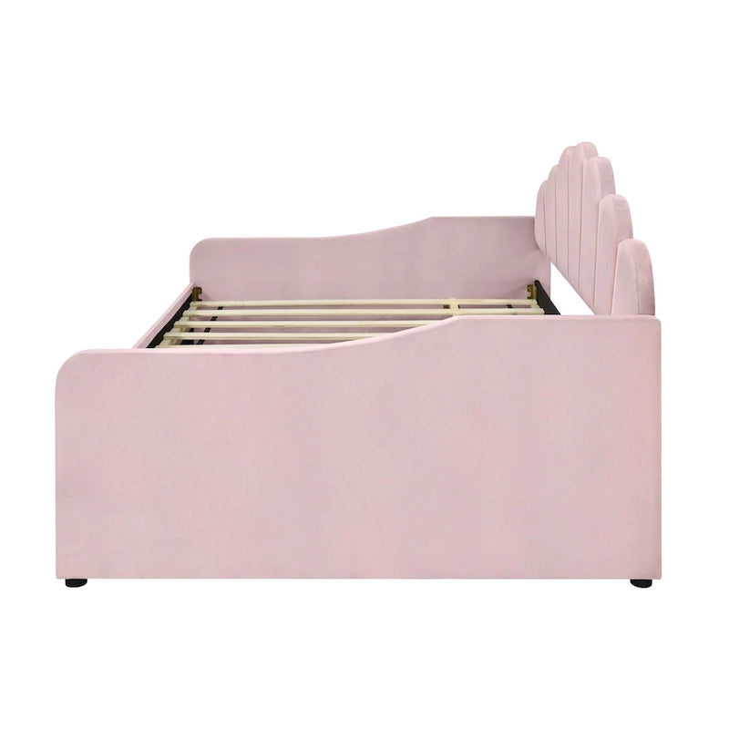 Divano Letto in Velluto Matrimoniale Rosa/Bianco con Schienale a Conchiglia e Letto Estraibile, 2 Posti