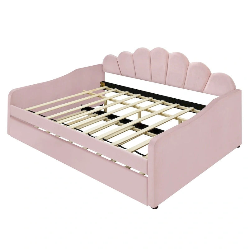 Divano Letto in Velluto Matrimoniale Rosa/Bianco con Schienale a Conchiglia e Letto Estraibile, 2 Posti