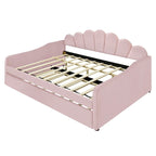 Divano Letto in Velluto Matrimoniale Rosa/Bianco con Schienale a Conchiglia e Letto Estraibile, 2 Posti