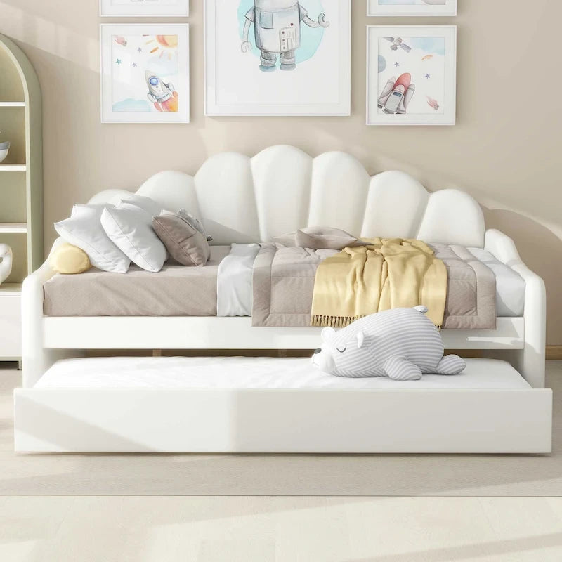 Divano Letto in Velluto Matrimoniale Rosa/Bianco con Schienale a Conchiglia e Letto Estraibile, 2 Posti