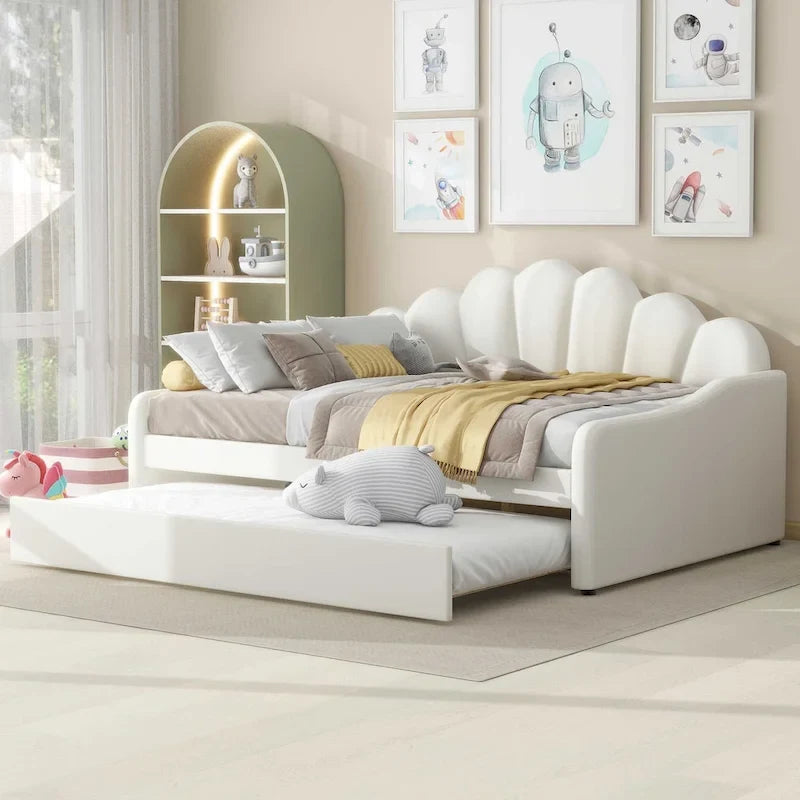 Divano Letto in Velluto Matrimoniale Rosa/Bianco con Schienale a Conchiglia e Letto Estraibile, 2 Posti