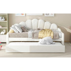 Divano Letto in Velluto Matrimoniale Rosa/Bianco con Schienale a Conchiglia e Letto Estraibile, 2 Posti