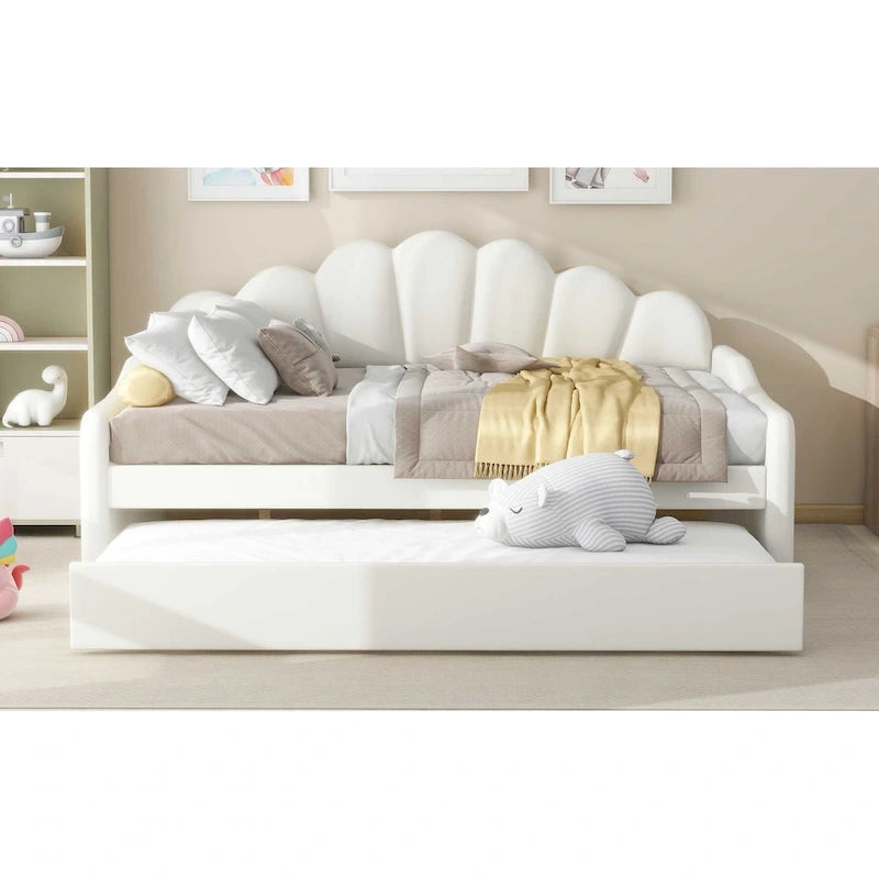 Divano Letto in Velluto Matrimoniale Rosa/Bianco con Schienale a Conchiglia e Letto Estraibile, 2 Posti