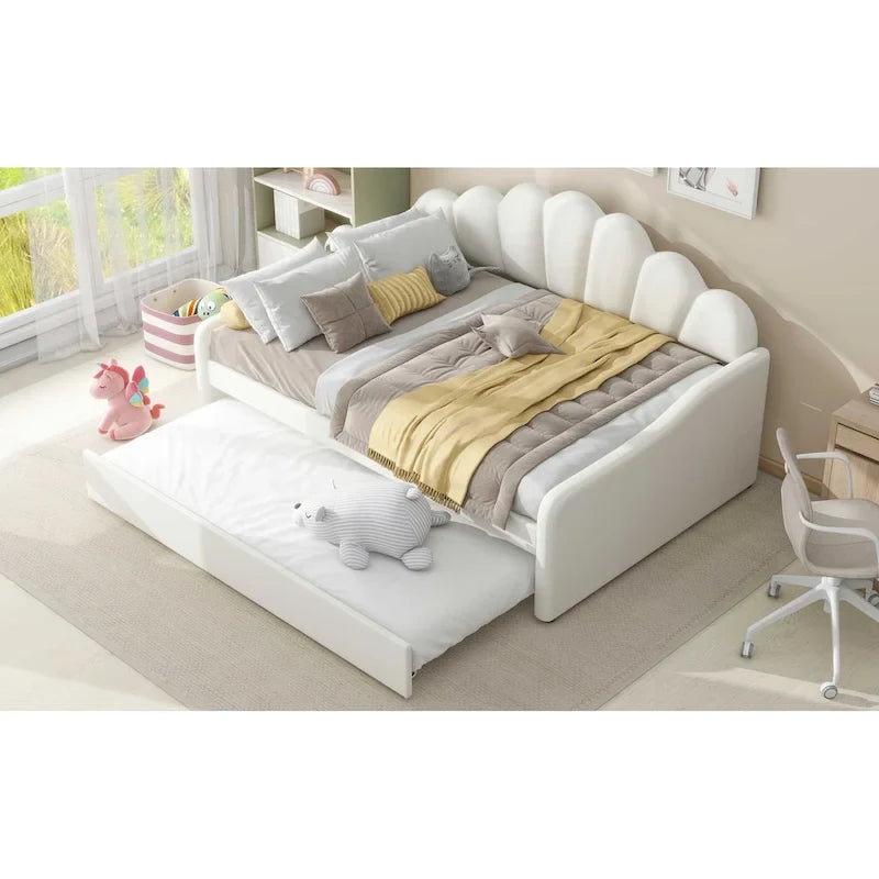 Divano Letto in Velluto Matrimoniale Rosa/Bianco con Schienale a Conchiglia e Letto Estraibile, 2 Posti