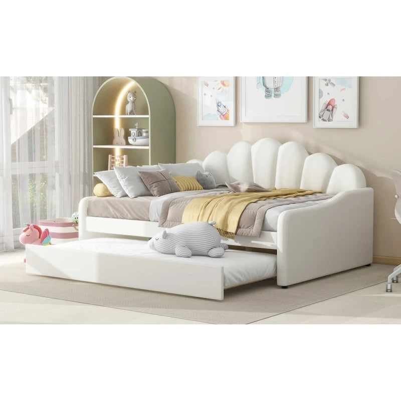 Divano Letto in Velluto Matrimoniale Rosa/Bianco con Schienale a Conchiglia e Letto Estraibile, 2 Posti