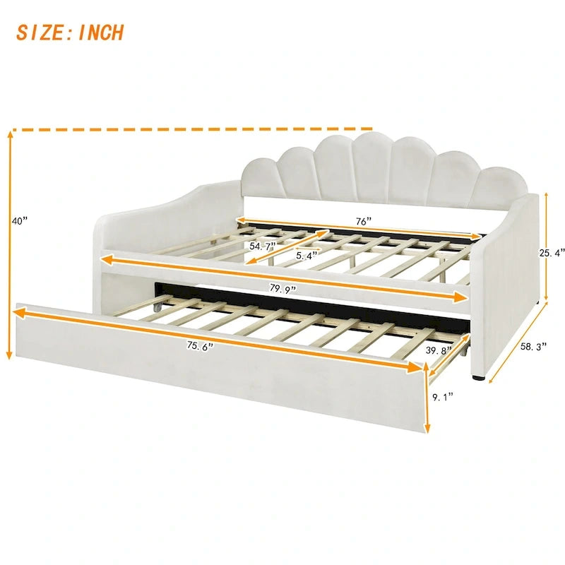 Divano Letto in Velluto Matrimoniale Rosa/Bianco con Schienale a Conchiglia e Letto Estraibile, 2 Posti
