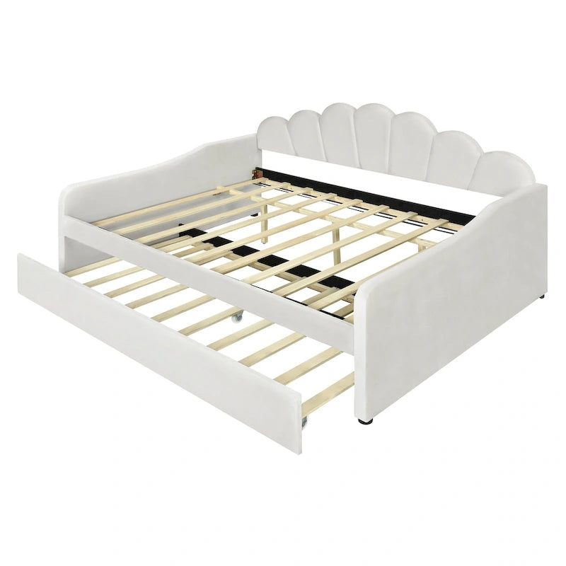 Divano Letto in Velluto Matrimoniale Rosa/Bianco con Schienale a Conchiglia e Letto Estraibile, 2 Posti