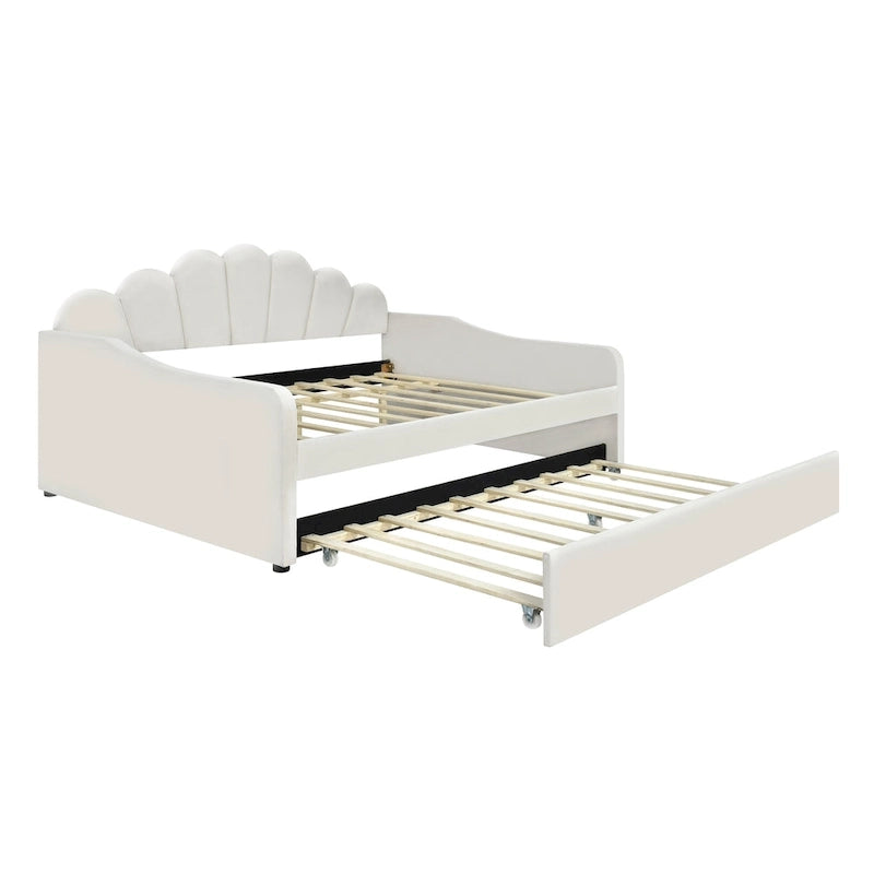 Divano Letto in Velluto Matrimoniale Rosa/Bianco con Schienale a Conchiglia e Letto Estraibile, 2 Posti