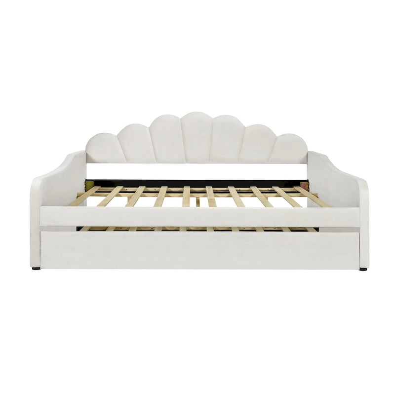 Divano Letto in Velluto Matrimoniale Rosa/Bianco con Schienale a Conchiglia e Letto Estraibile, 2 Posti
