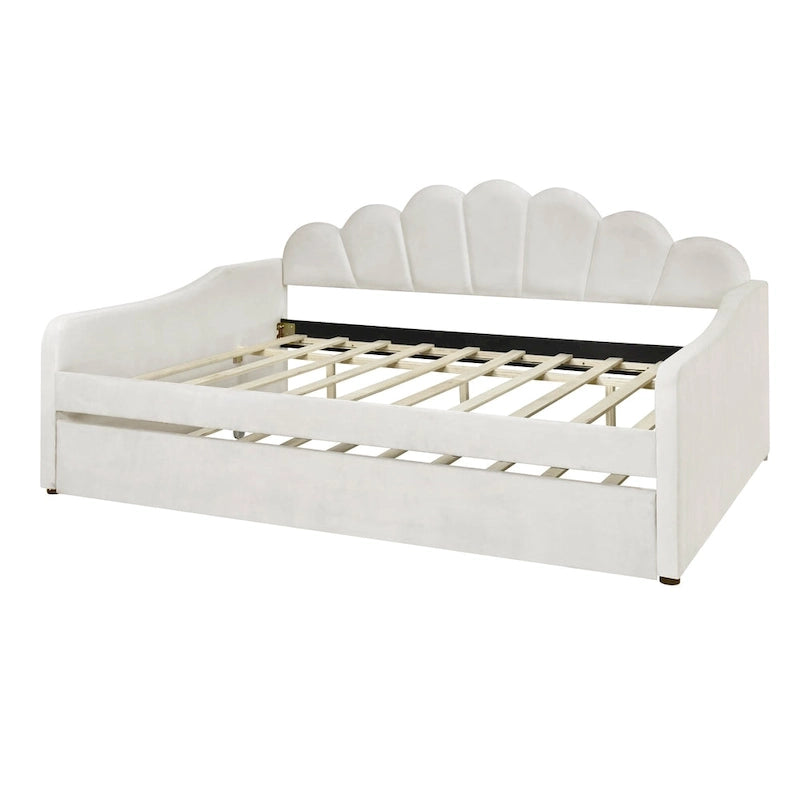 Divano Letto in Velluto Matrimoniale Rosa/Bianco con Schienale a Conchiglia e Letto Estraibile, 2 Posti
