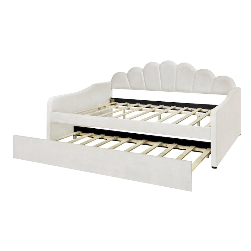 Divano Letto in Velluto Matrimoniale Rosa/Bianco con Schienale a Conchiglia e Letto Estraibile, 2 Posti