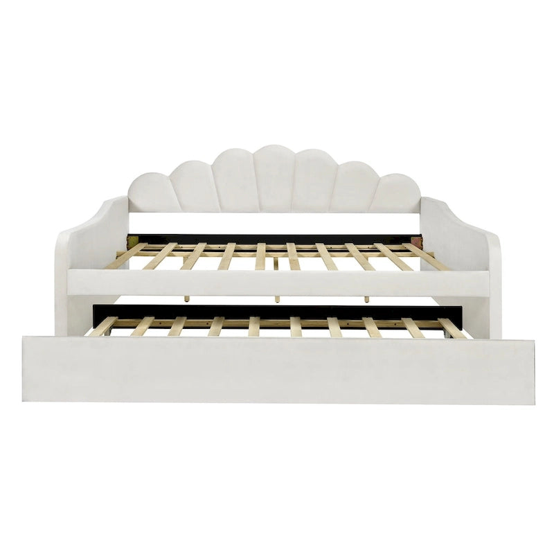Divano Letto in Velluto Matrimoniale Rosa/Bianco con Schienale a Conchiglia e Letto Estraibile, 2 Posti