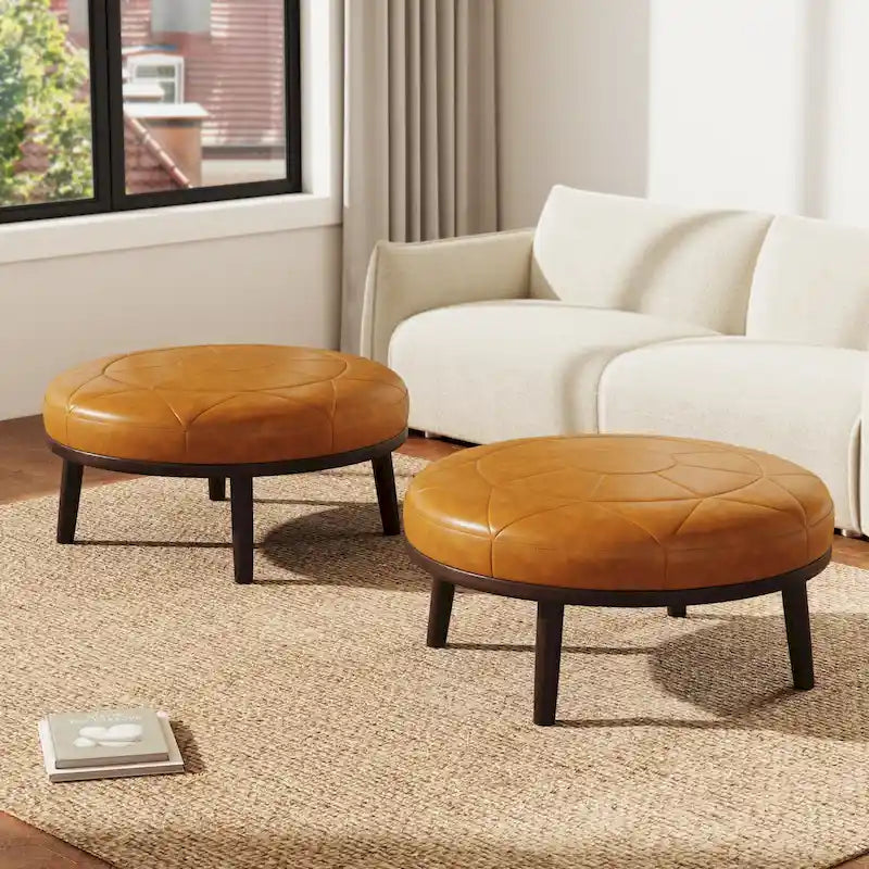 Pouf Ottomano Quadrato in Pelle Marrone, Set da 2