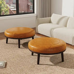 Pouf Ottomano Quadrato in Pelle Marrone, Set da 2