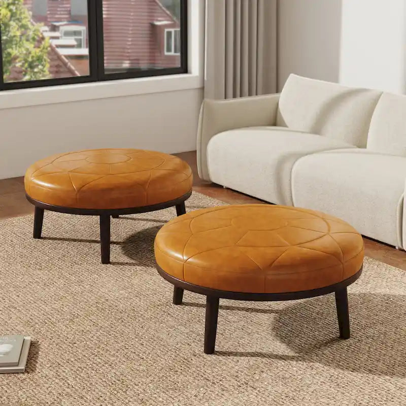 Pouf Ottomano Quadrato in Pelle Marrone, Set da 2