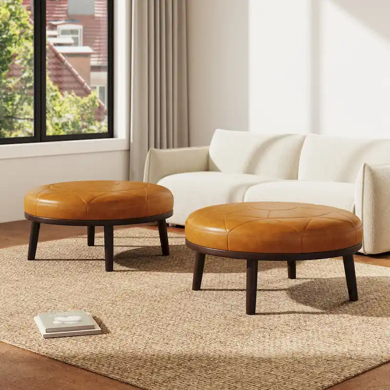 Pouf Ottomano Quadrato in Pelle Marrone, Set da 2