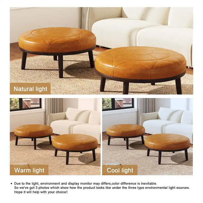 Pouf Ottomano Quadrato in Pelle Marrone, Set da 2