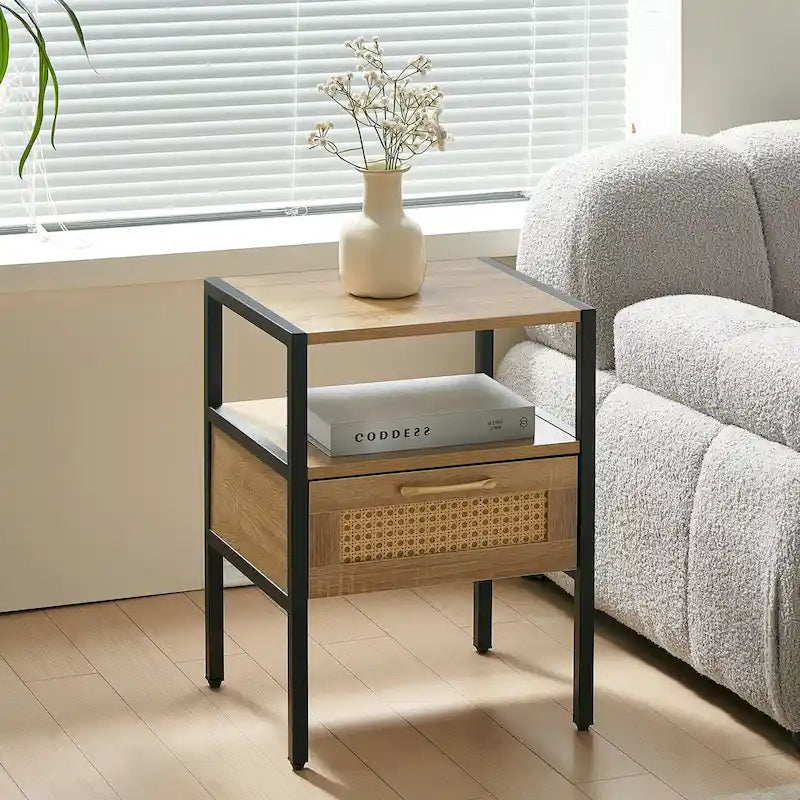 Tavolino con un cassetto in rattan bianco/marrone miele – Singolo