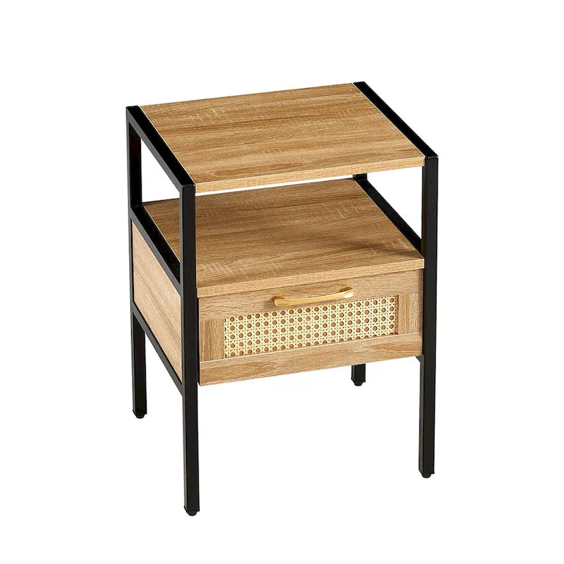 Tavolino con un cassetto in rattan bianco/marrone miele – Singolo