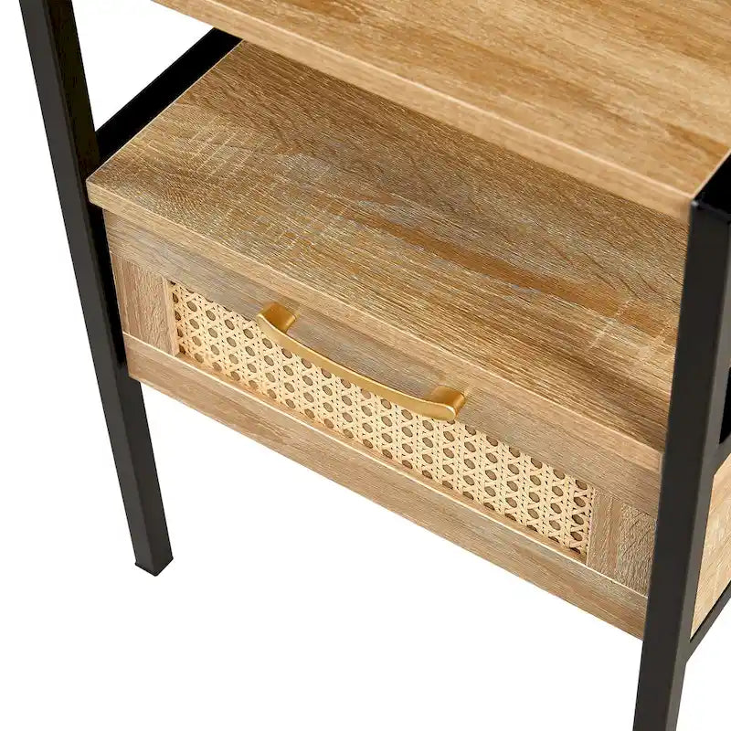 Tavolino con un cassetto in rattan bianco/marrone miele – Singolo