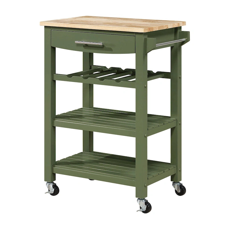Carrello da Cucina a 4 Ripiani Multicolore con Rotelle, Piano in Legno Massello, Cassetto e Portabottiglie – 1 Persona