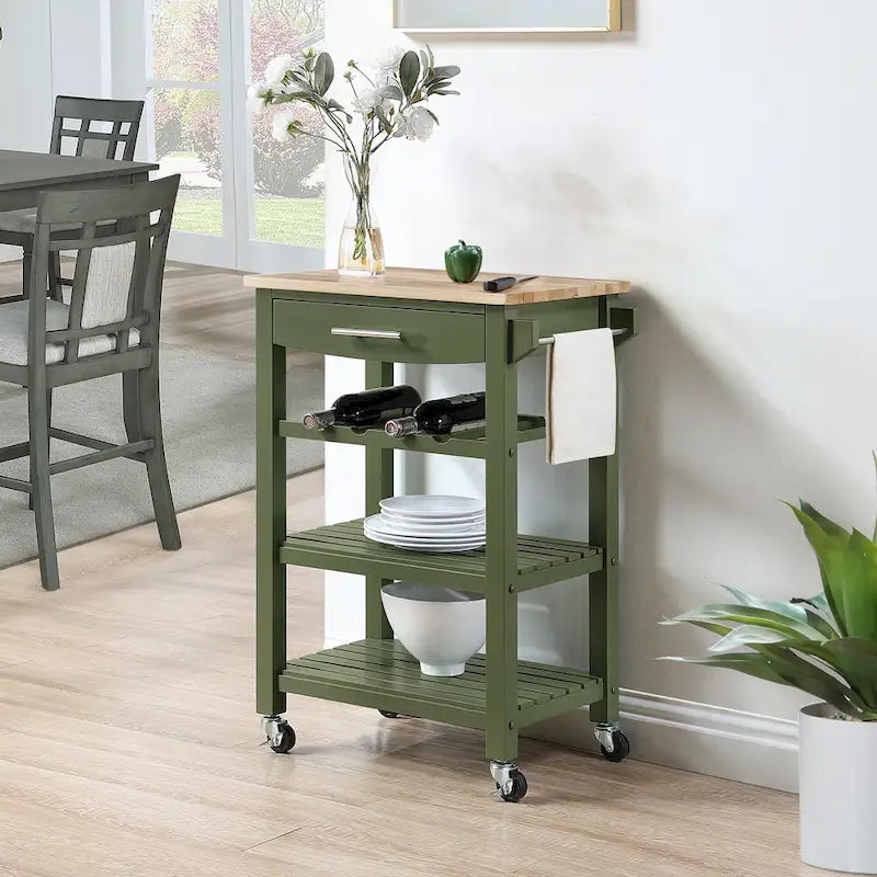 Carrello da Cucina a 4 Ripiani Multicolore con Rotelle, Piano in Legno Massello, Cassetto e Portabottiglie – 1 Persona