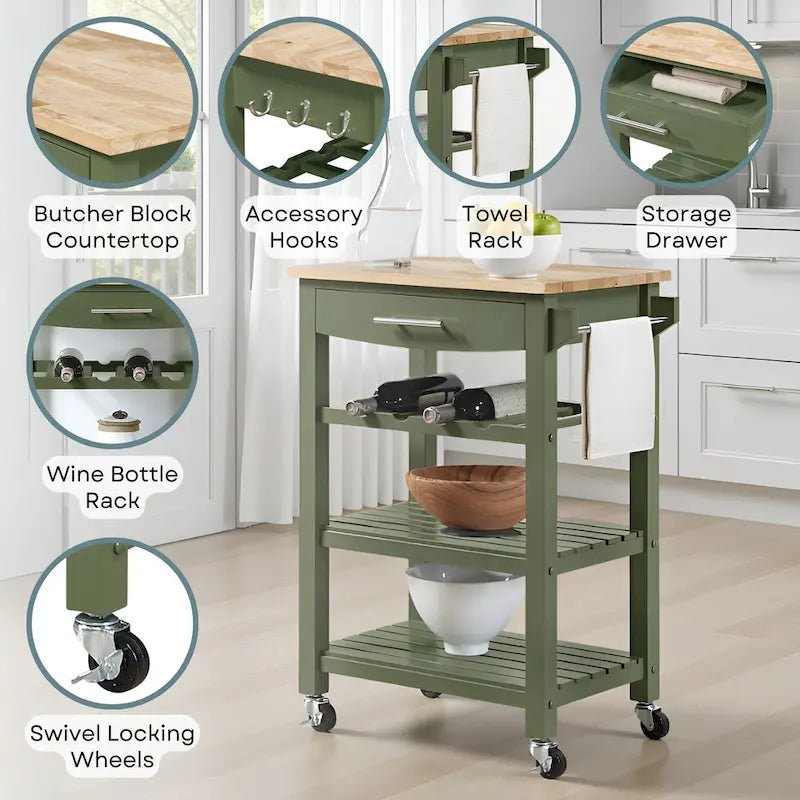 Carrello da Cucina a 4 Ripiani Multicolore con Rotelle, Piano in Legno Massello, Cassetto e Portabottiglie – 1 Persona