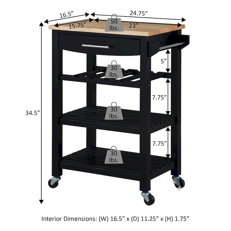 Carrello da Cucina a 4 Ripiani Multicolore con Rotelle, Piano in Legno Massello, Cassetto e Portabottiglie – 1 Persona