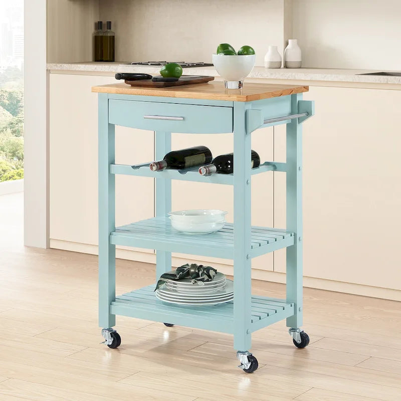 Carrello da Cucina a 4 Ripiani Multicolore con Rotelle, Piano in Legno Massello, Cassetto e Portabottiglie – 1 Persona