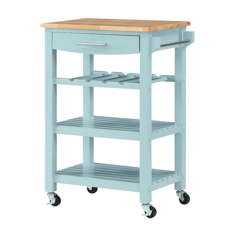 Carrello da Cucina a 4 Ripiani Multicolore con Rotelle, Piano in Legno Massello, Cassetto e Portabottiglie – 1 Persona