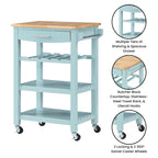 Carrello da Cucina a 4 Ripiani Multicolore con Rotelle, Piano in Legno Massello, Cassetto e Portabottiglie – 1 Persona
