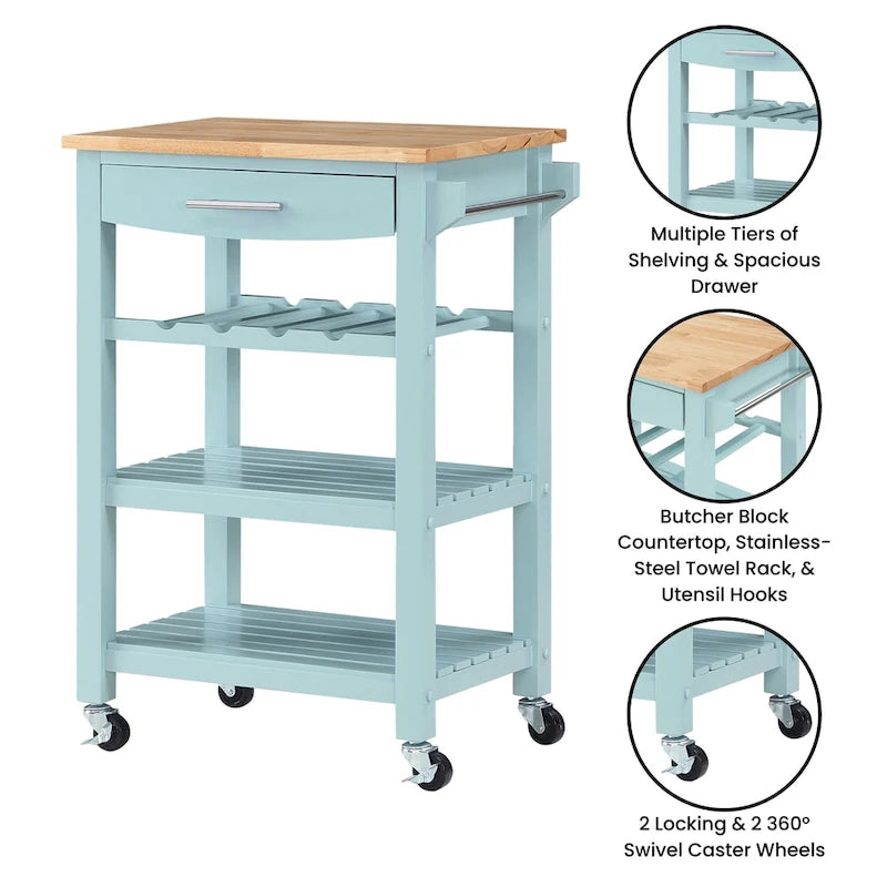 Carrello da Cucina a 4 Ripiani Multicolore con Rotelle, Piano in Legno Massello, Cassetto e Portabottiglie – 1 Persona