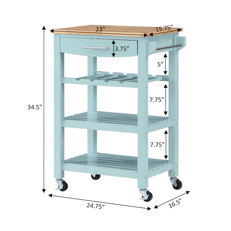 Carrello da Cucina a 4 Ripiani Multicolore con Rotelle, Piano in Legno Massello, Cassetto e Portabottiglie – 1 Persona
